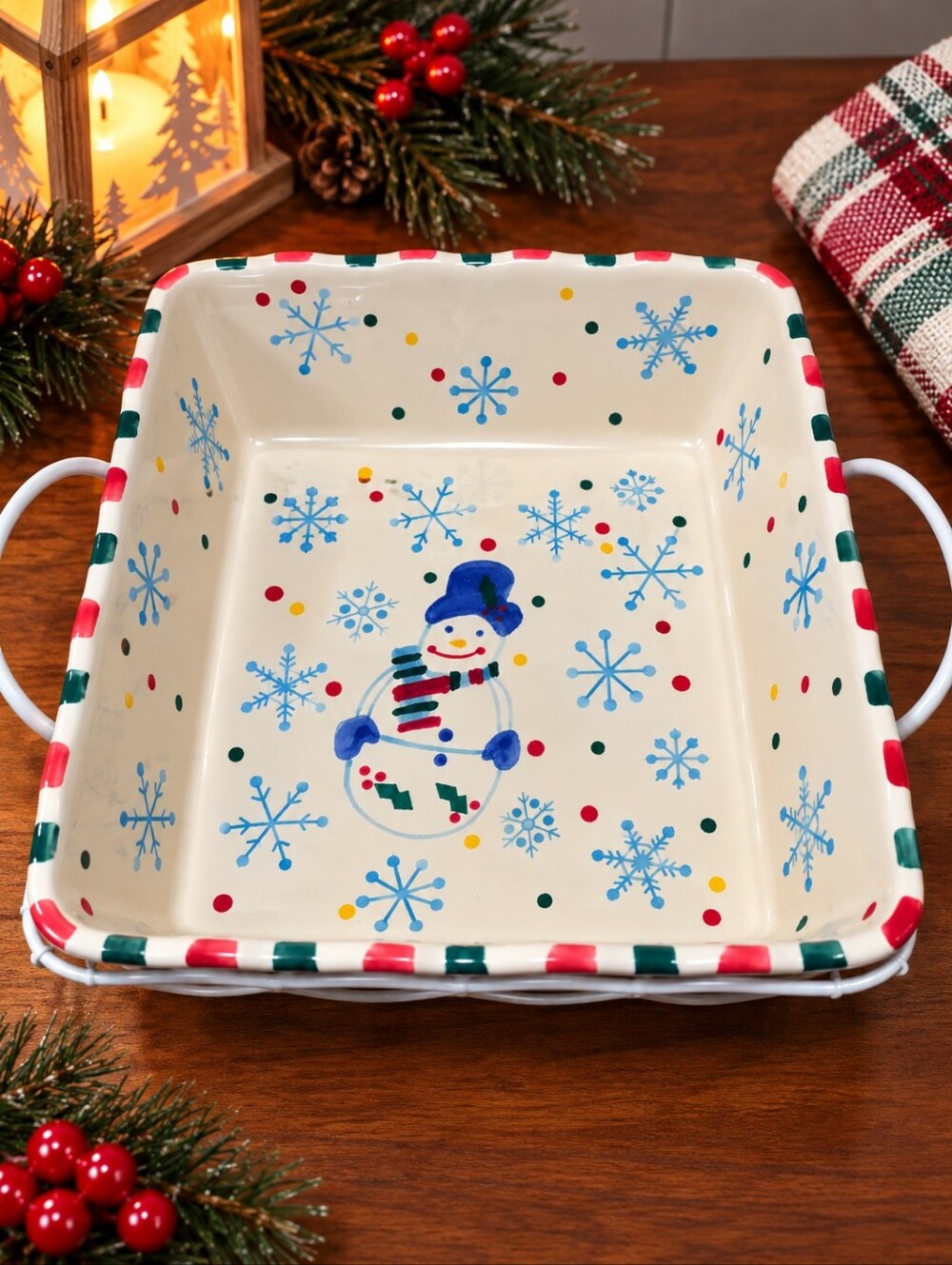 Temp-tations Snowman 2.5 QT Christmas Baker Trivet Wire Rack Holiday Ovenware